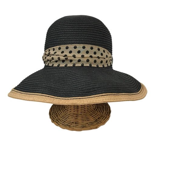 Wallaroo Julia Up Brim Hat Black with Polka Dots Chiffon Band - Picture 1 of 5